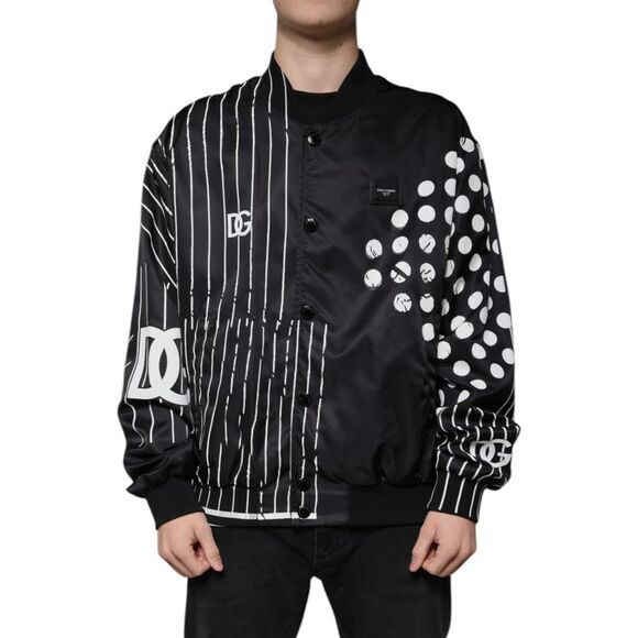 Dolce & Gabbana Black Polka Dot Stripe Nylon Bomber Men's Jacket